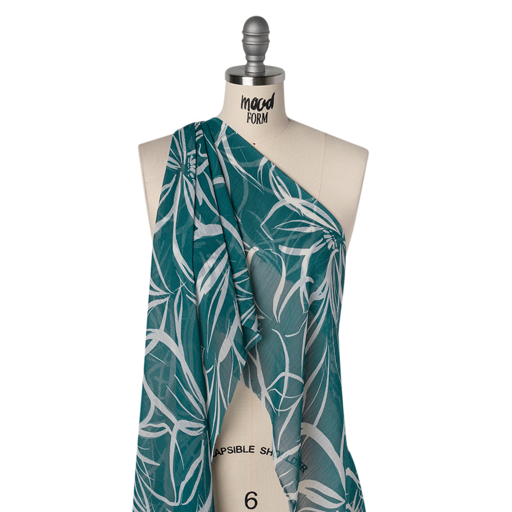 Crinkled Polyester Chiffon Print - Teal and White Floral Linework - Designer Deadstock