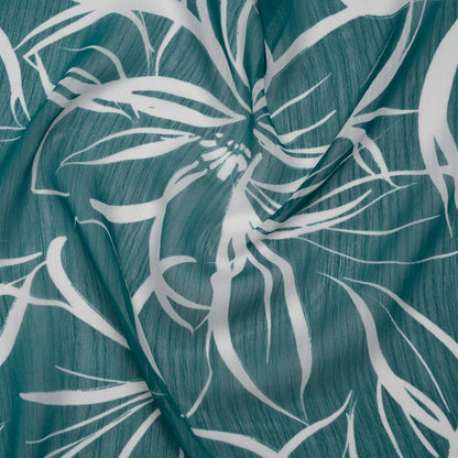 Crinkled Polyester Chiffon Print - Teal and White Floral Linework - Designer Deadstock