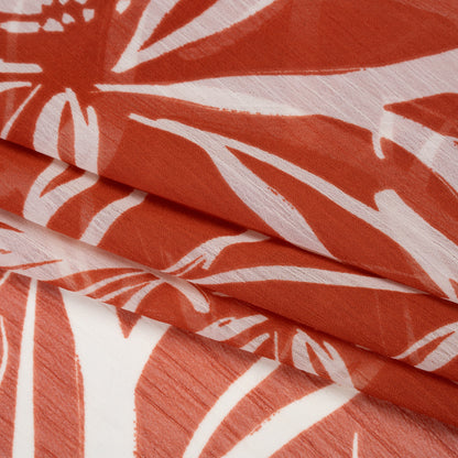 Crinkled Polyester Chiffon Print - Burnt Orange and White Floral Linework - Designer Deadstock