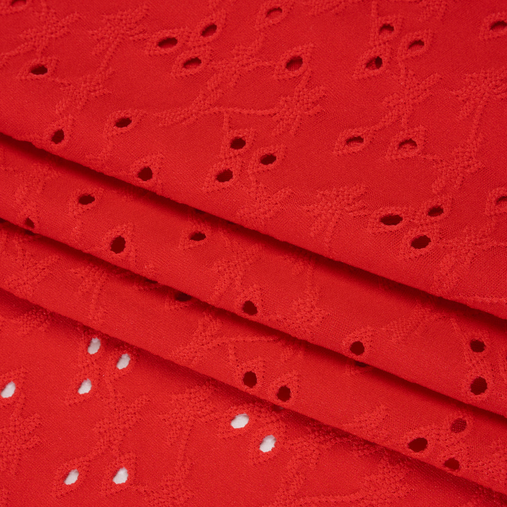 Stretch Polyester Eyelet Jersey - Coral Red Tiny Flower Vines - Designer Deadstock