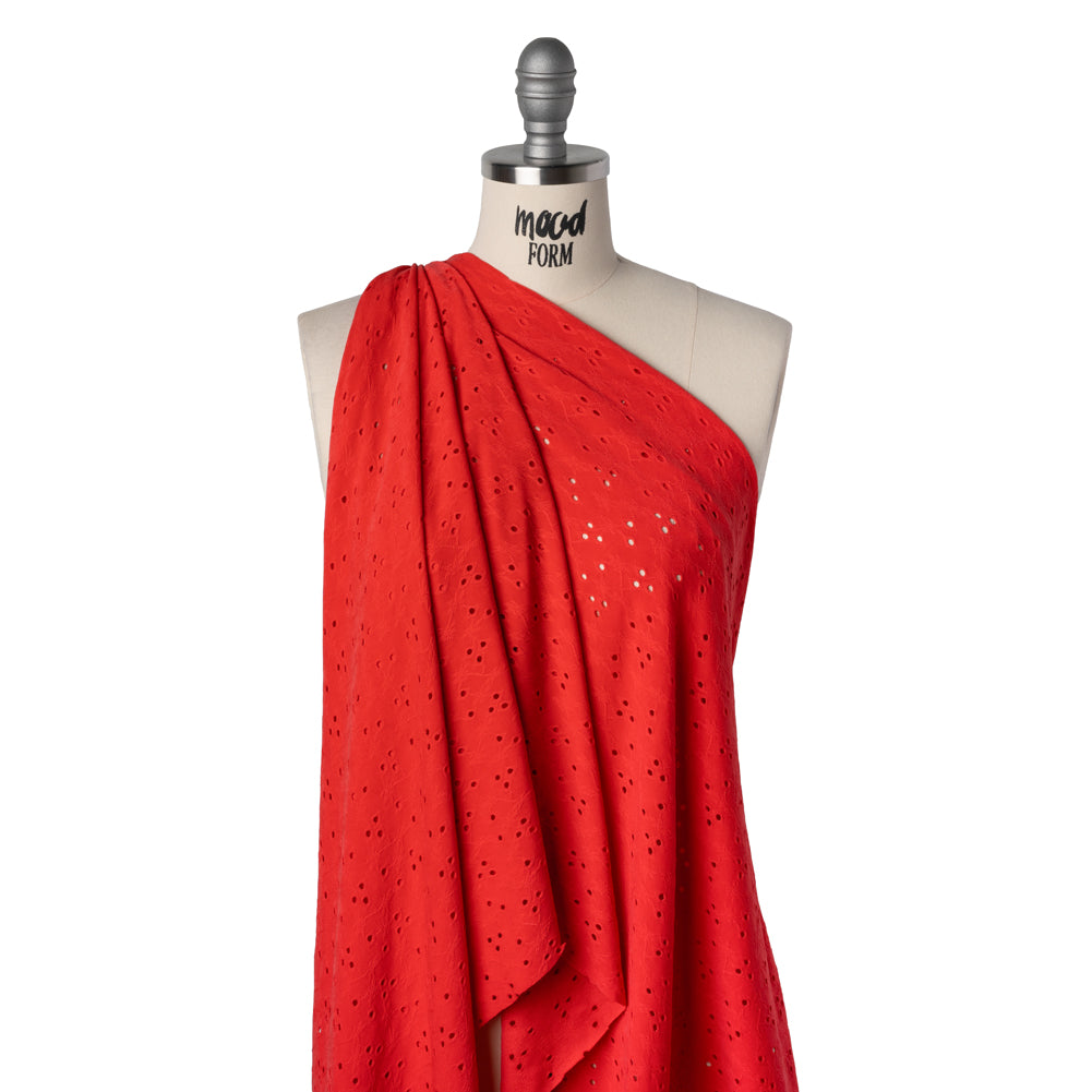 Stretch Polyester Eyelet Jersey - Coral Red Tiny Flower Vines - Designer Deadstock