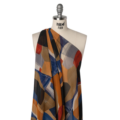 Polyester Chiffon Print - Dark Blue, Burnt Orange and Tan Abstract - Designer Deadstock
