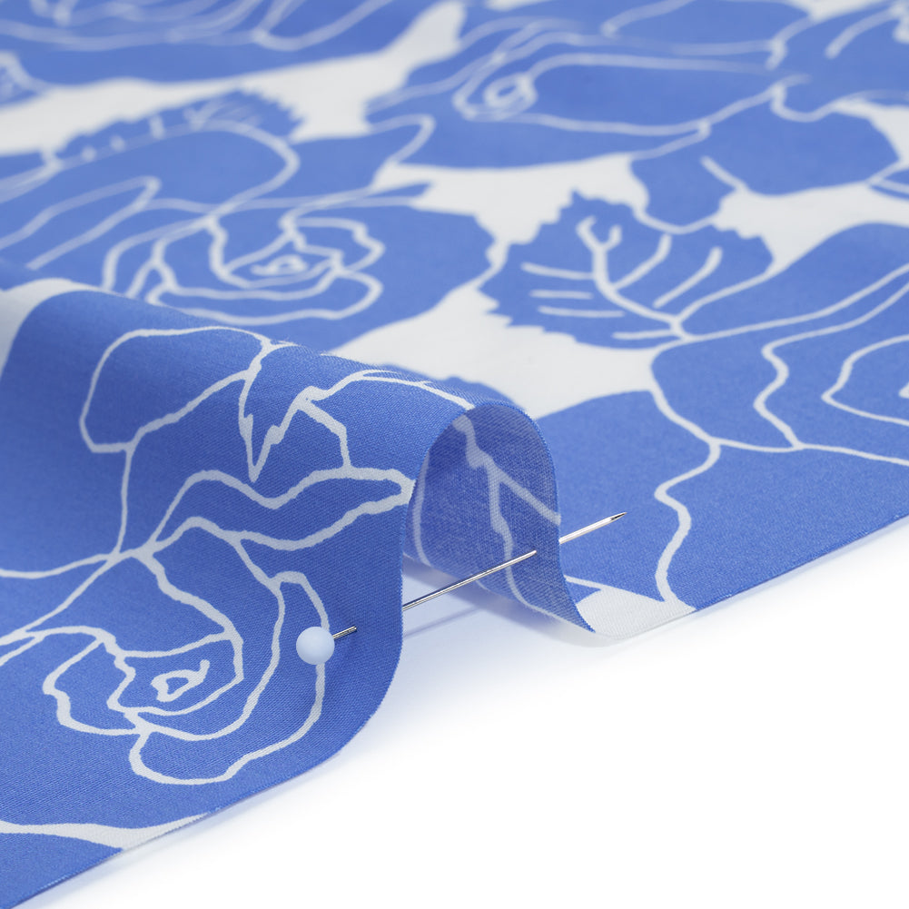 Stretch Cotton Shirting Print - French Blue and White Roses - Designer Deadstock