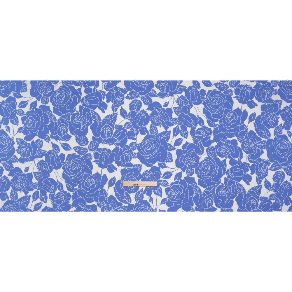 Stretch Cotton Shirting Print - French Blue and White Roses - Designer Deadstock