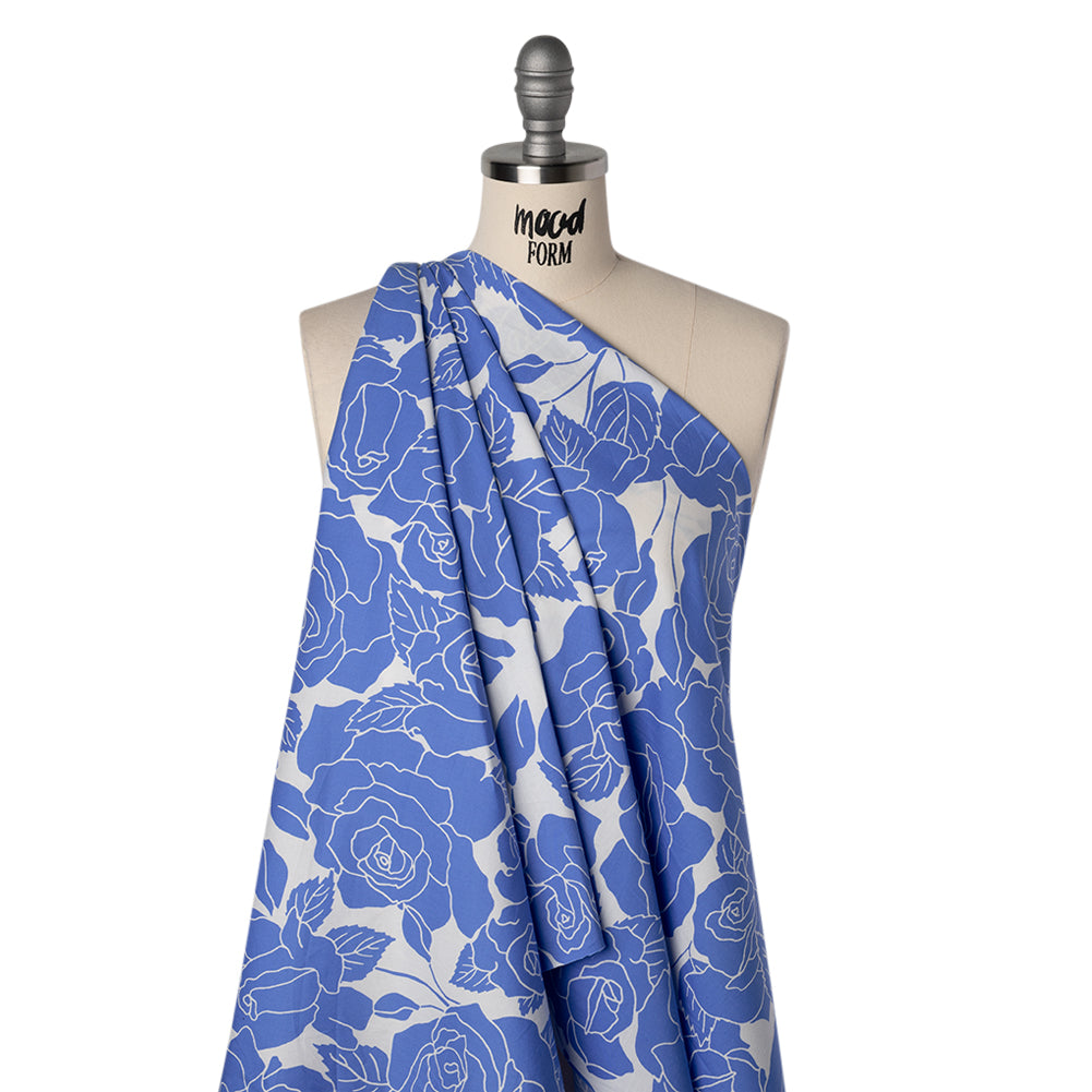Stretch Cotton Shirting Print - French Blue and White Roses - Designer Deadstock