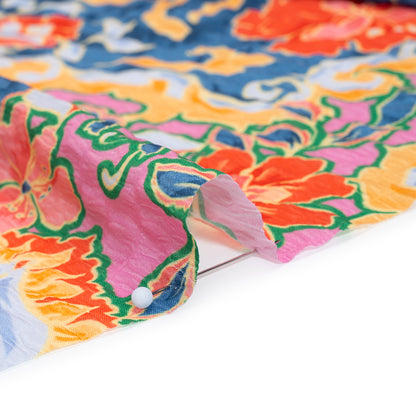 Polyester Wide Stripe Seersucker - Navy, Coral Red and Pink Modern Floral Damask - Designer Deadstock
