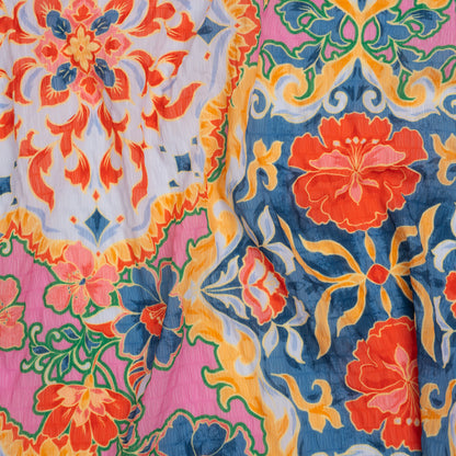 Polyester Wide Stripe Seersucker - Navy, Coral Red and Pink Modern Floral Damask - Designer Deadstock