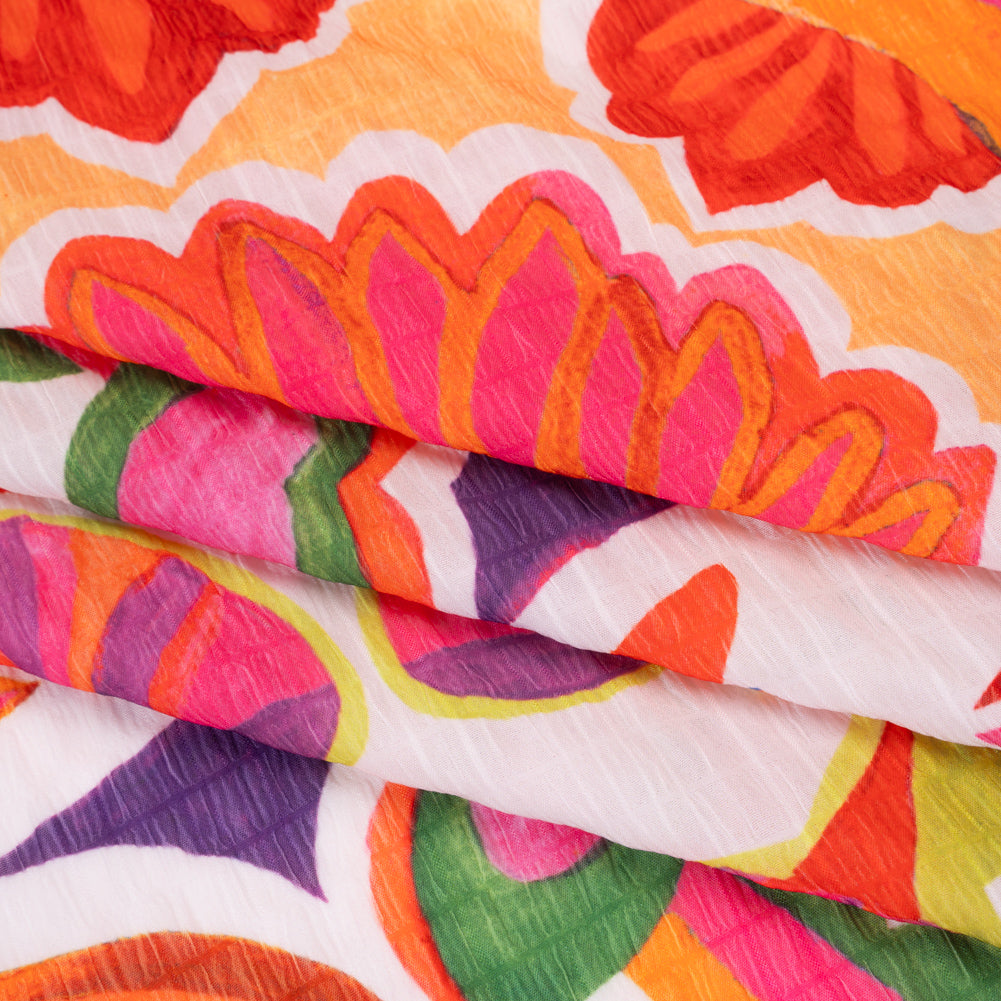 Polyester Wide Stripe Seersucker Panel - Red, Orange and Aqua Blue Floral - Designer Deadstock