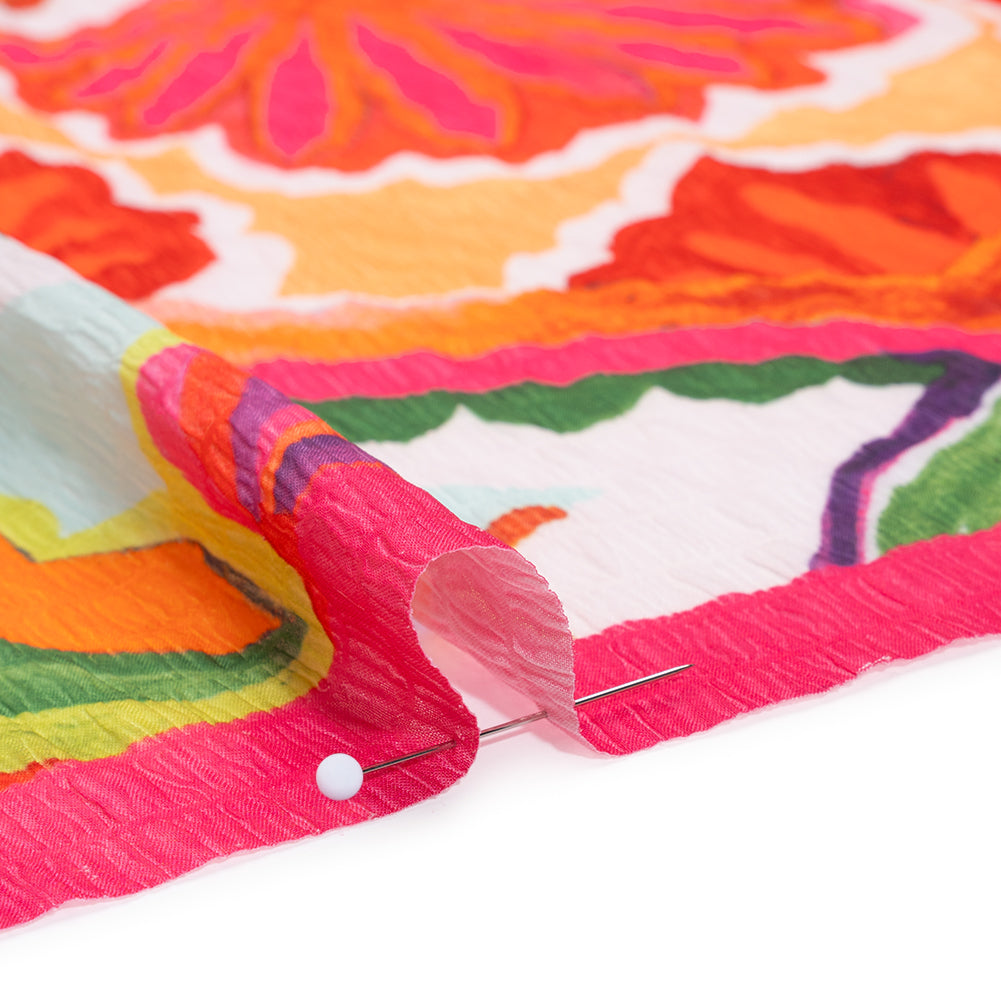 Polyester Wide Stripe Seersucker Panel - Red, Orange and Aqua Blue Floral - Designer Deadstock