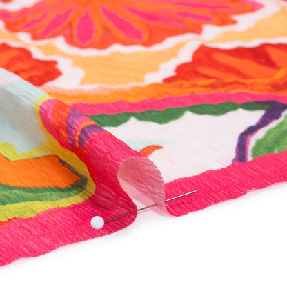 Polyester Wide Stripe Seersucker Panel - Red, Orange and Aqua Blue Floral - Designer Deadstock