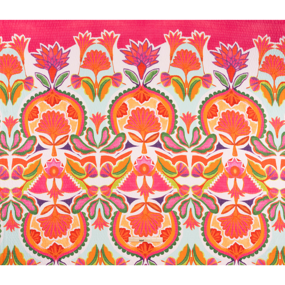 Polyester Wide Stripe Seersucker Panel - Red, Orange and Aqua Blue Floral - Designer Deadstock