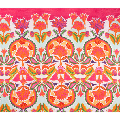 Polyester Wide Stripe Seersucker Panel - Red, Orange and Aqua Blue Floral - Designer Deadstock