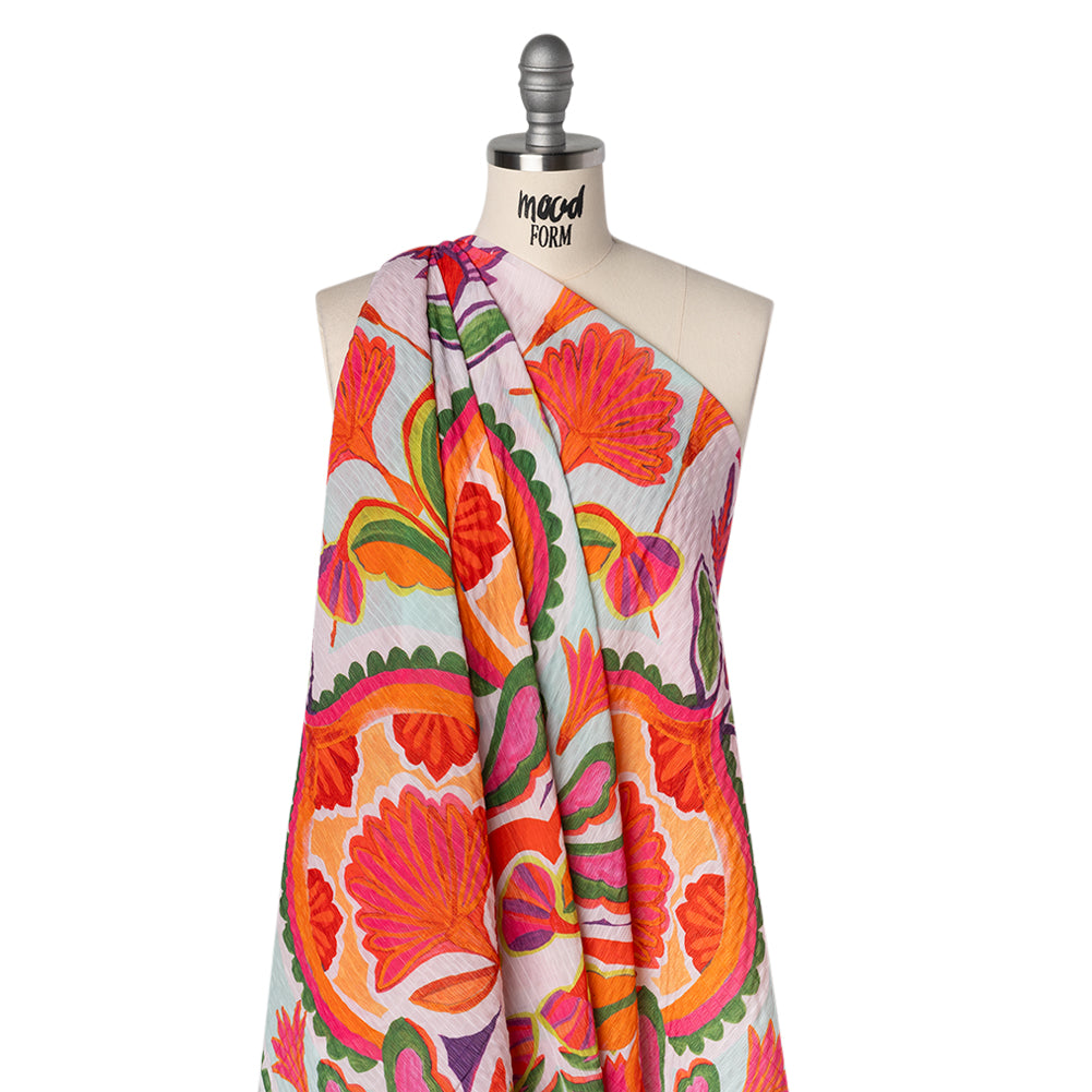 Polyester Wide Stripe Seersucker Panel - Red, Orange and Aqua Blue Floral - Designer Deadstock
