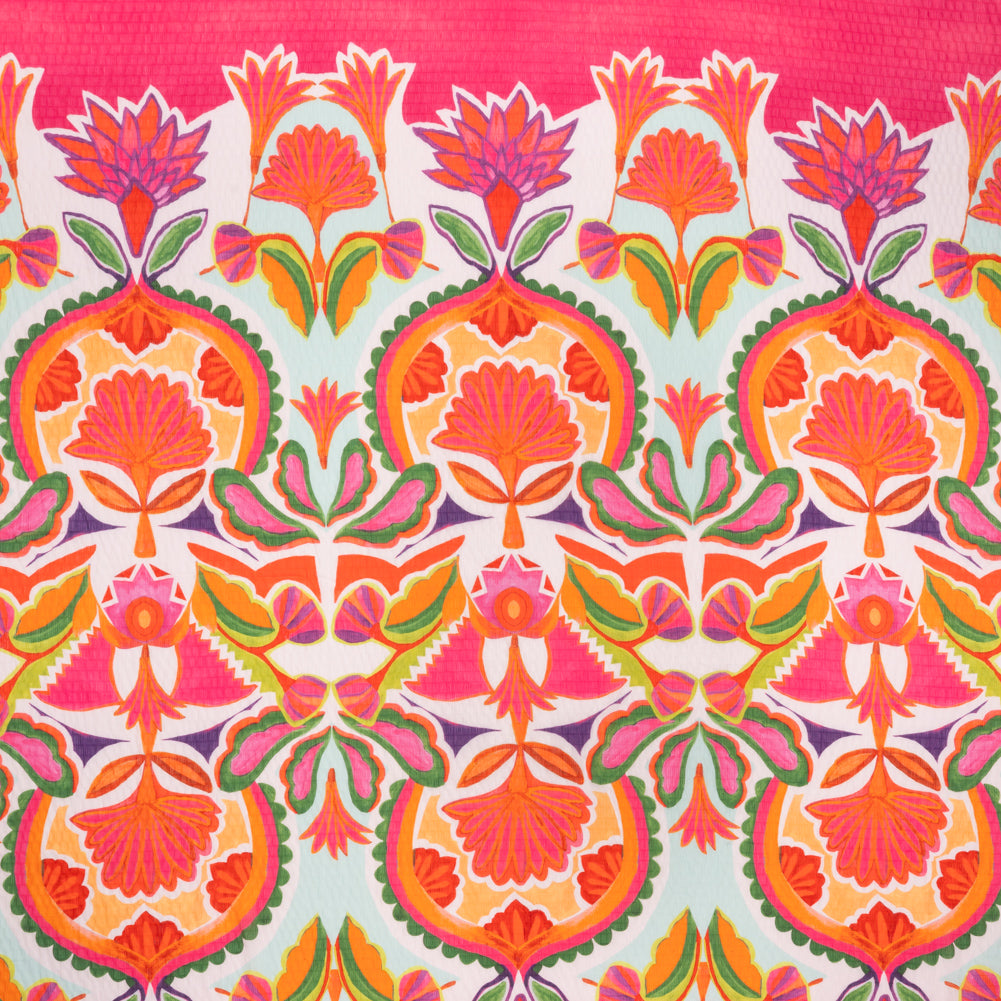 Polyester Wide Stripe Seersucker Panel - Red, Orange and Aqua Blue Floral - Designer Deadstock