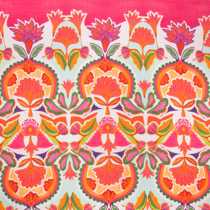 Polyester Wide Stripe Seersucker Panel - Red, Orange and Aqua Blue Floral - Designer Deadstock