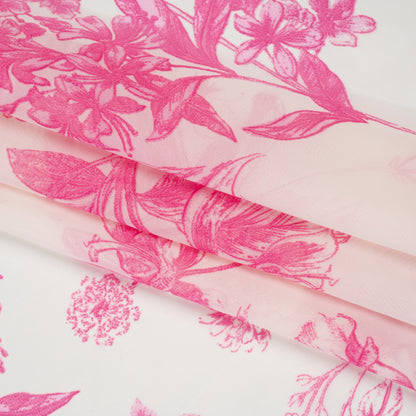 Polyester Chiffon Print - Hot Pink and Ivory Pastoral Floral - Designer Deadstock