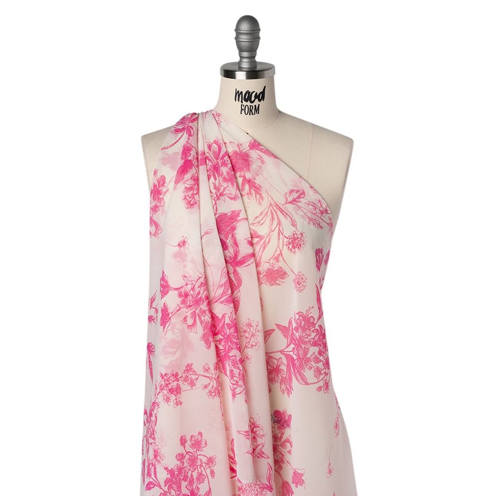 Polyester Chiffon Print - Hot Pink and Ivory Pastoral Floral - Designer Deadstock