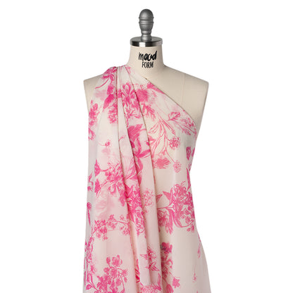 Polyester Chiffon Print - Hot Pink and Ivory Pastoral Floral - Designer Deadstock