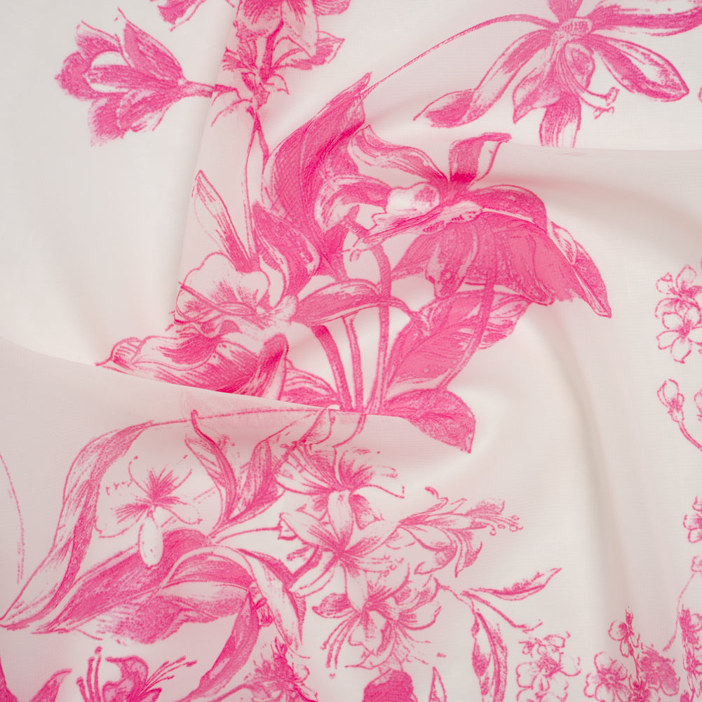 Polyester Chiffon Print - Hot Pink and Ivory Pastoral Floral - Designer Deadstock