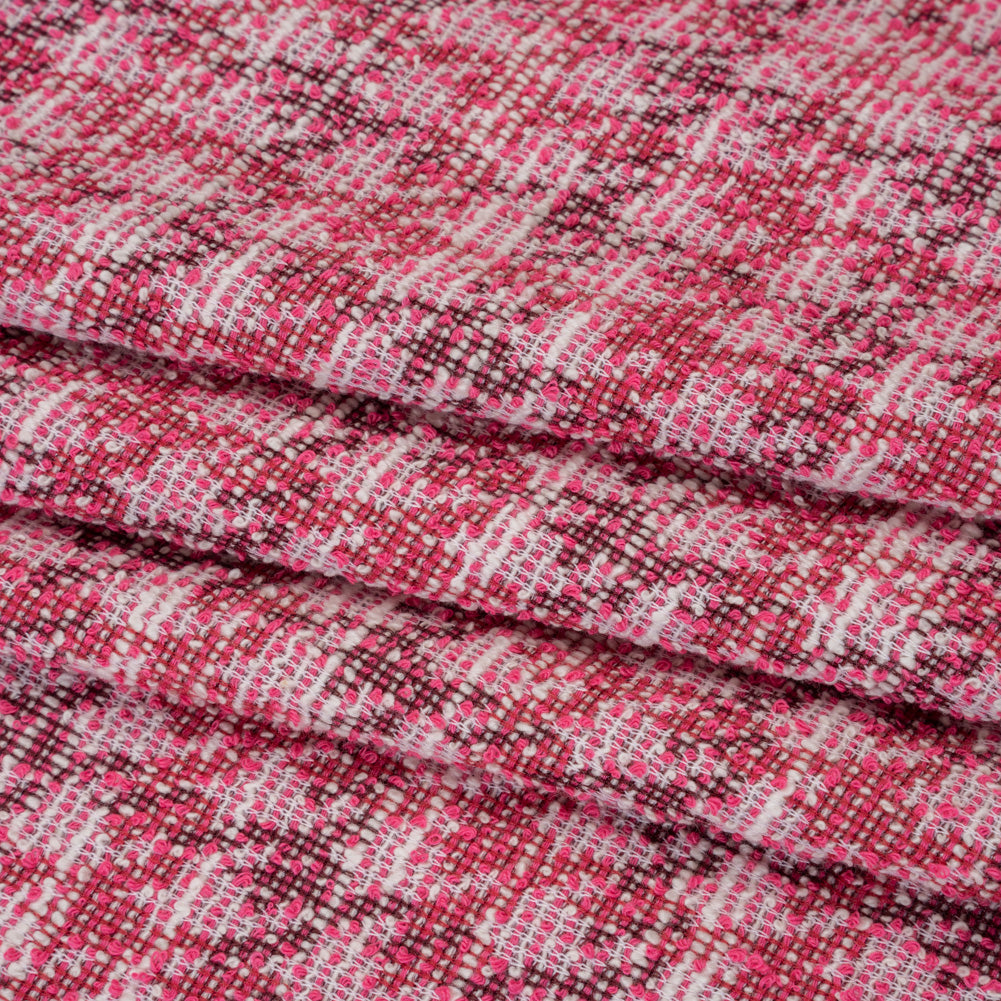 Polyester and Cotton Boucle Sweater Knit - Pink and White Mottled Plaid - Designer Deadstock