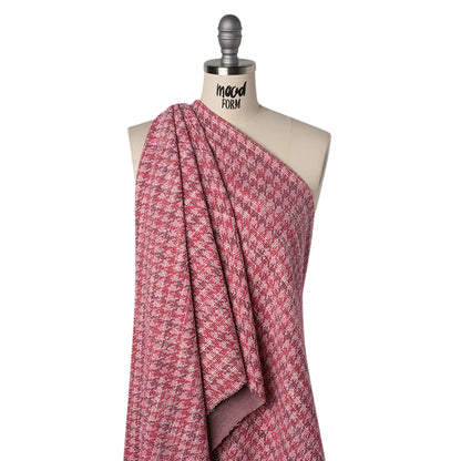 Polyester and Cotton Boucle Sweater Knit - Pink and White Mottled Plaid - Designer Deadstock