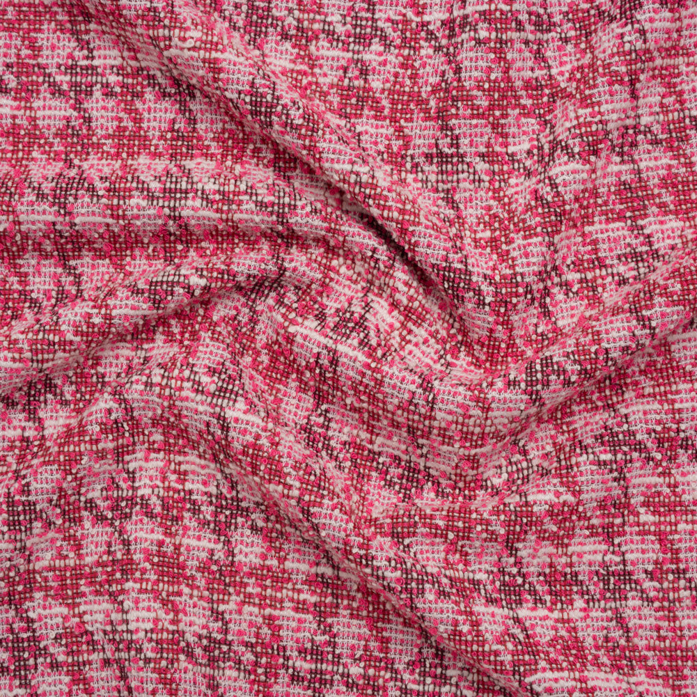 Polyester and Cotton Boucle Sweater Knit - Pink and White Mottled Plaid - Designer Deadstock