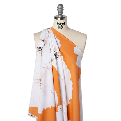 Drapey Stretch Polyester Woven Print - Creamsicle and White Floral - Designer Deadstock