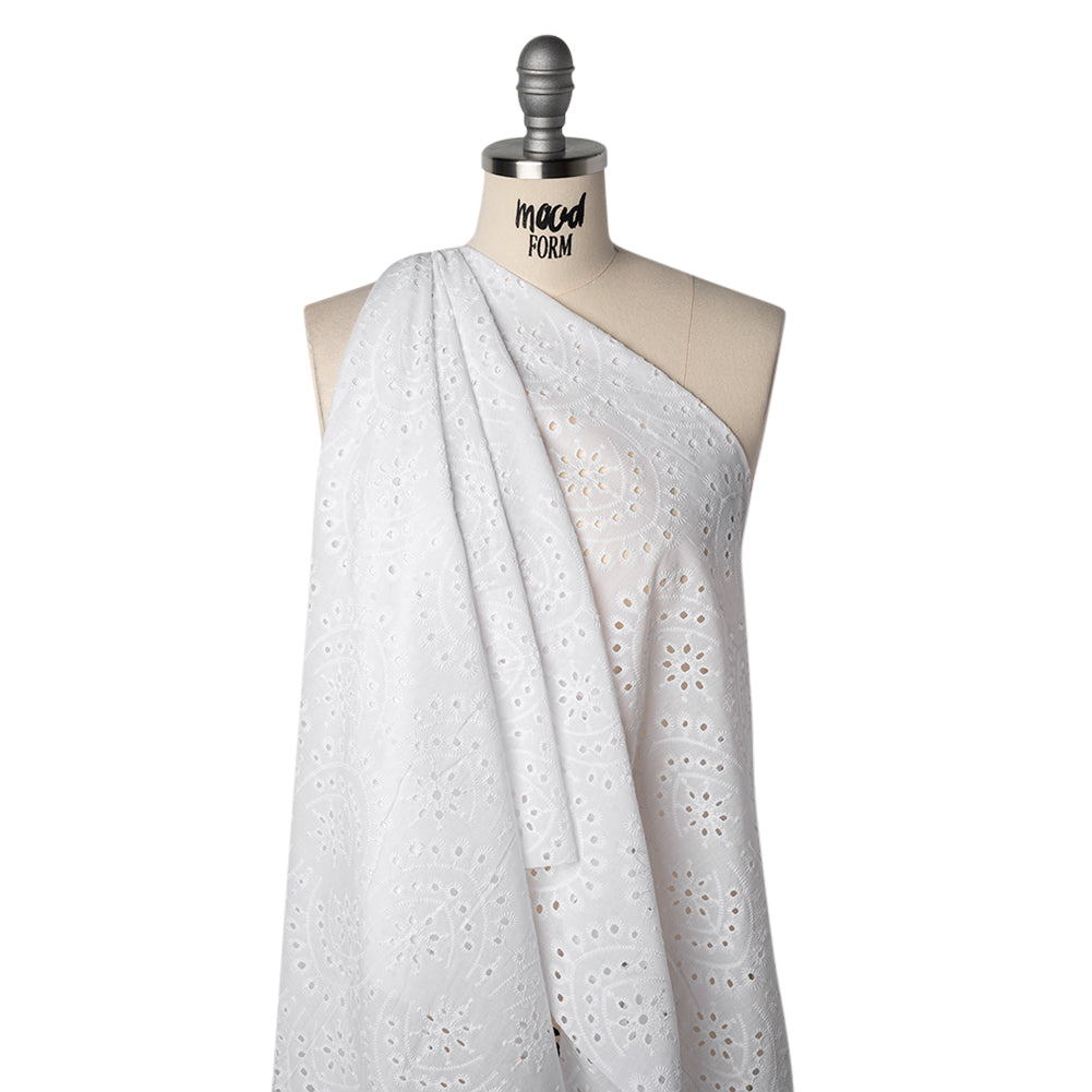 Embroidered Eyelet Cotton Lawn - White Floral Scallops - Designer Deadstock
