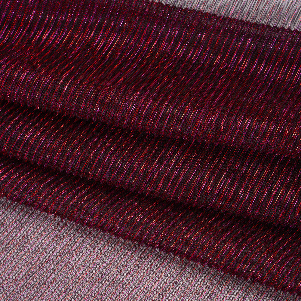Metallic Sheer Polyester Knit Plisse - Magenta, Orange and Black - Designer Deadstock Folded