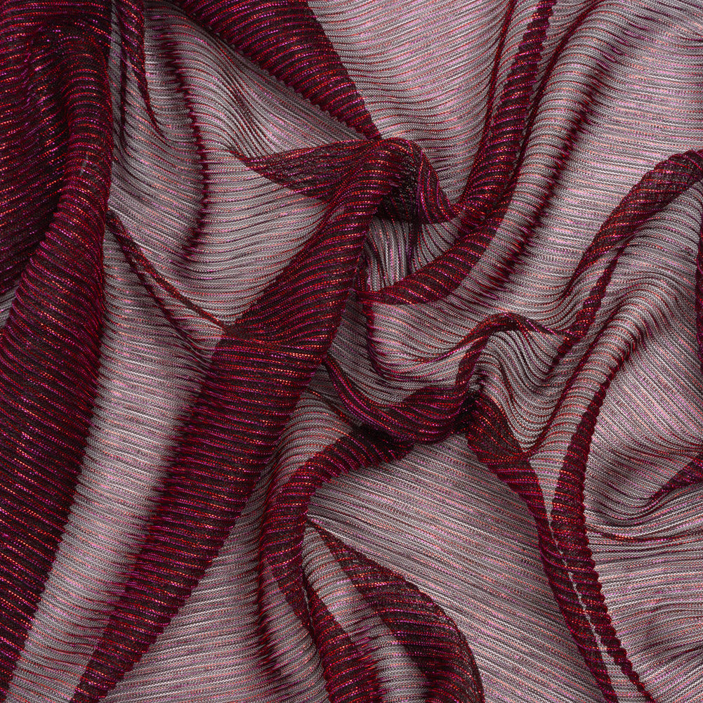Metallic Sheer Polyester Knit Plisse - Magenta, Orange and Black - Designer Deadstock