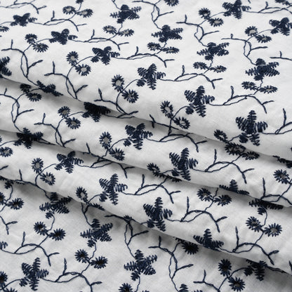 Embroidered Eyelet Cotton Voile - Navy Blue and White Little Flowers - Designer Deadstock