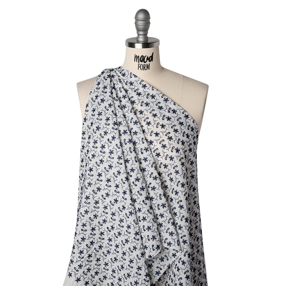 Embroidered Eyelet Cotton Voile - Navy Blue and White Little Flowers - Designer Deadstock