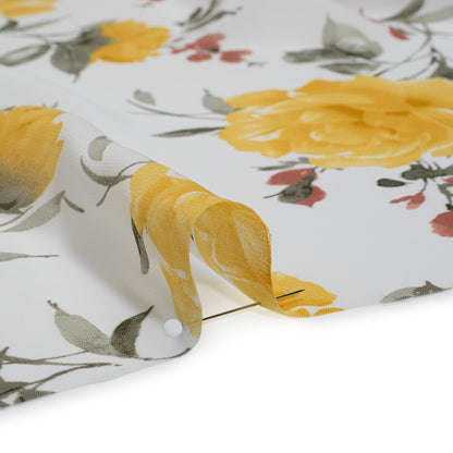 Polyester Chiffon Print - Yellow, Brick Red and White Floral - Designer Deadstock