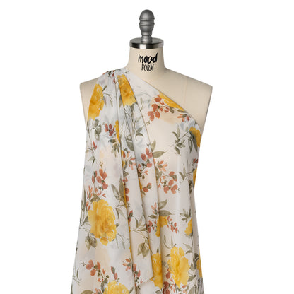 Polyester Chiffon Print - Yellow, Brick Red and White Floral - Designer Deadstock