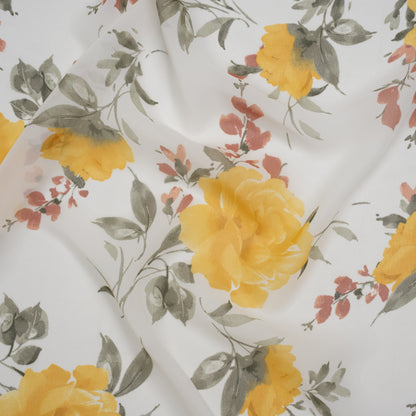 Polyester Chiffon Print - Yellow, Brick Red and White Floral - Designer Deadstock