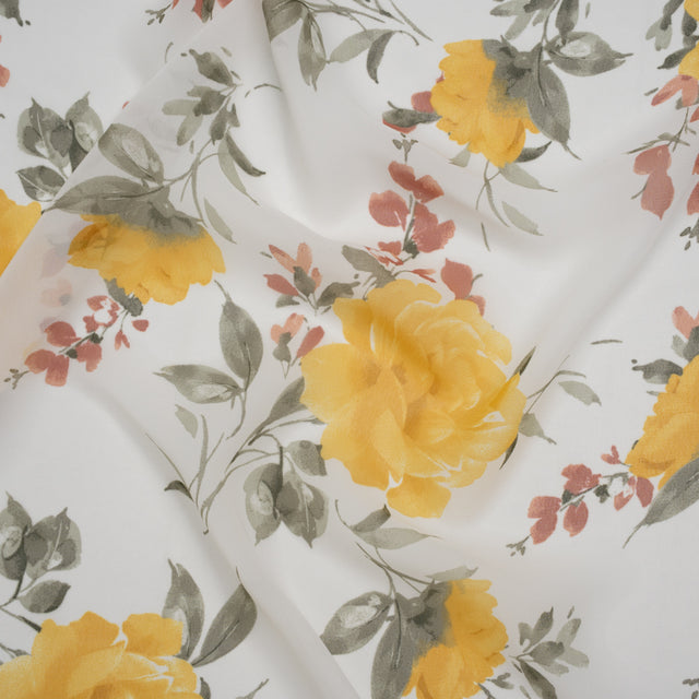 Polyester Chiffon Print - Yellow, Brick Red and White Floral - Designer Deadstock