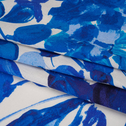 Linen and Rayon Woven Print - Cream and Adriatic Blue Painterly Floral - Designer Deadstock