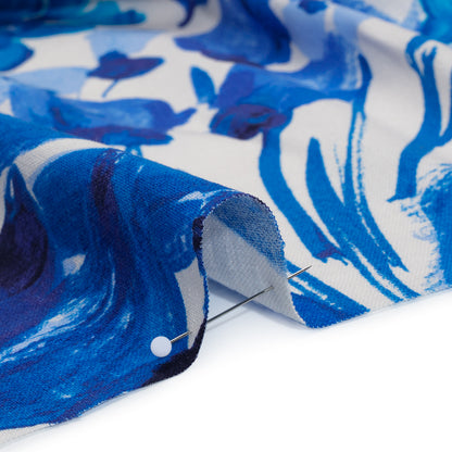 Linen and Rayon Woven Print - Cream and Adriatic Blue Painterly Floral - Designer Deadstock