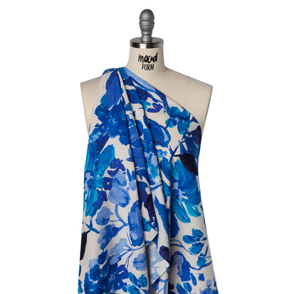 Linen and Rayon Woven Print - Cream and Adriatic Blue Painterly Floral - Designer Deadstock