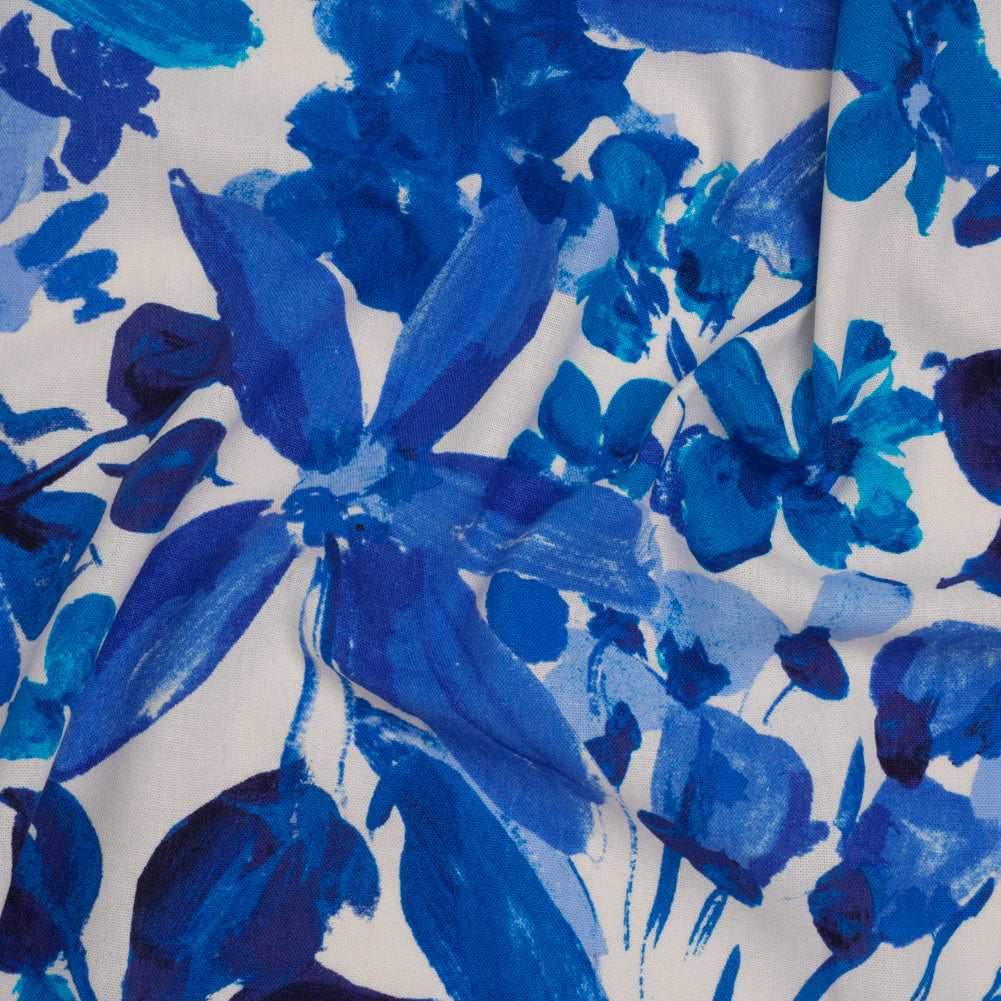 Linen and Rayon Woven Print - Cream and Adriatic Blue Painterly Floral - Designer Deadstock