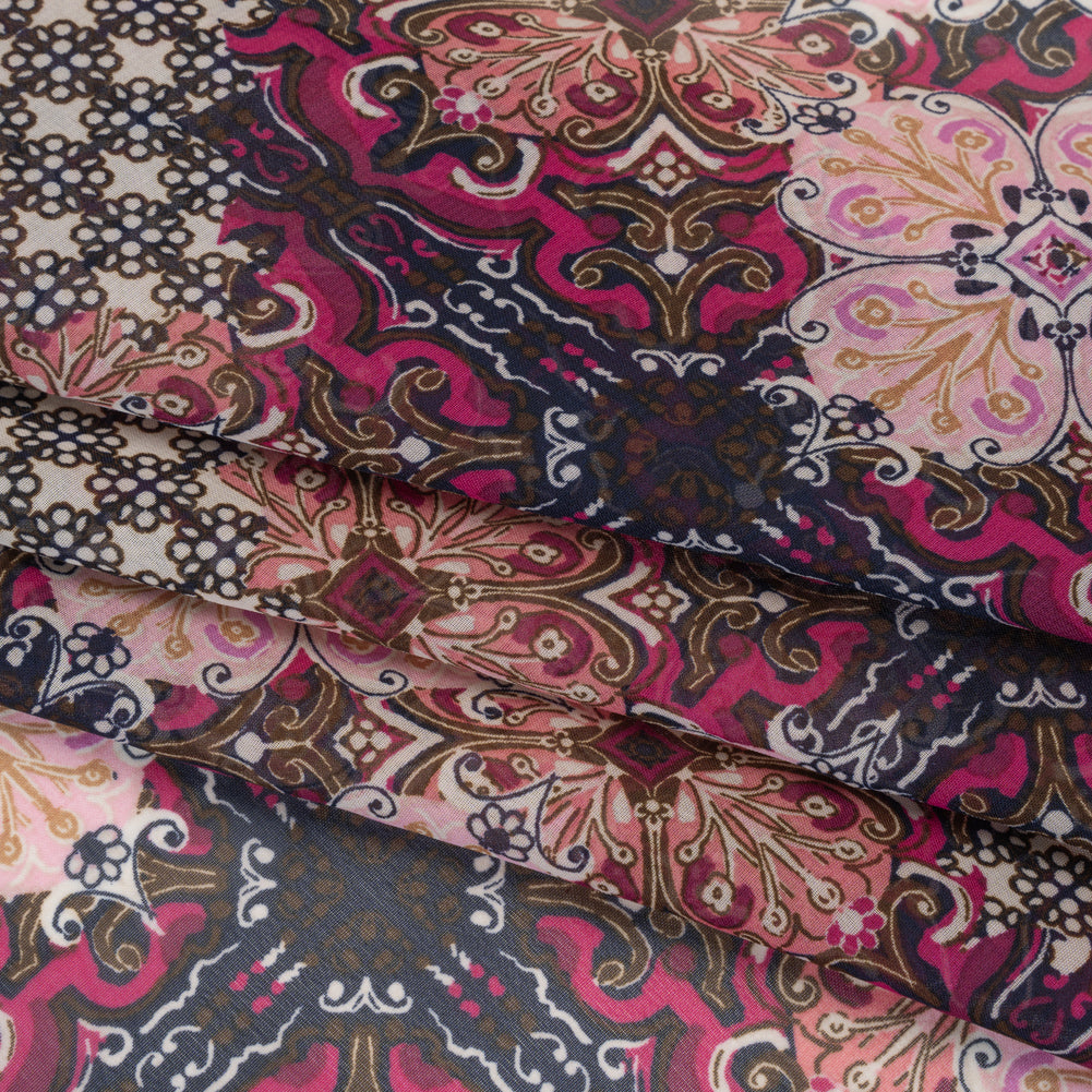Polyester Chiffon Print - Pink, Bronze and Navy Floral Tiles - Designer Deadstock Folded
