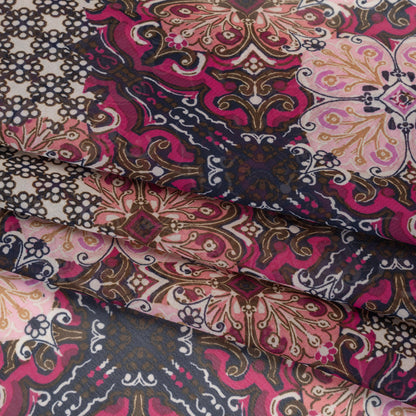 Polyester Chiffon Print - Pink, Bronze and Navy Floral Tiles - Designer Deadstock Folded