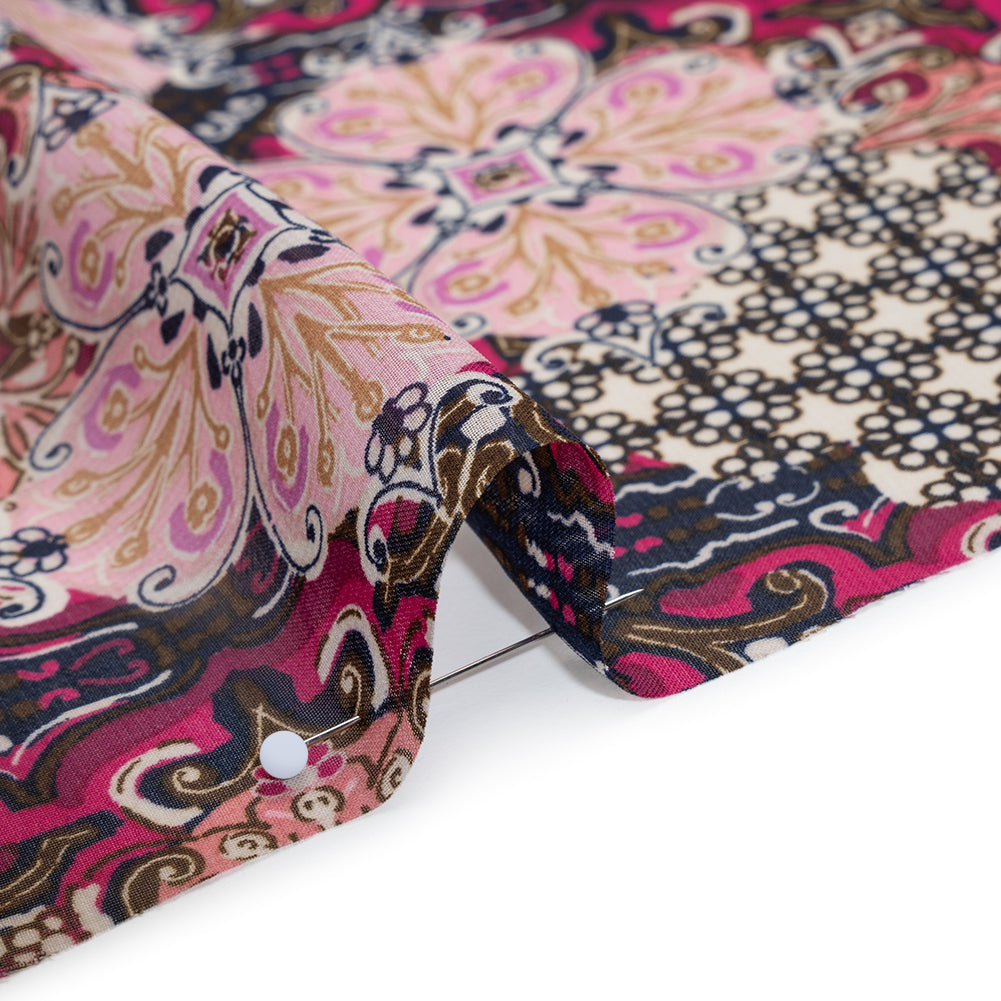 Polyester Chiffon Print - Pink, Bronze and Navy Floral Tiles - Designer Deadstock Detail