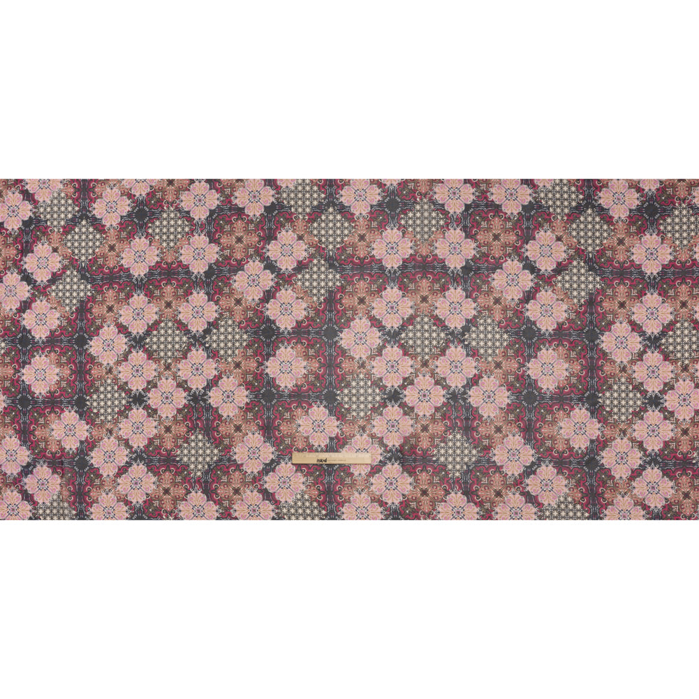 Polyester Chiffon Print - Pink, Bronze and Navy Floral Tiles - Designer Deadstock - Full