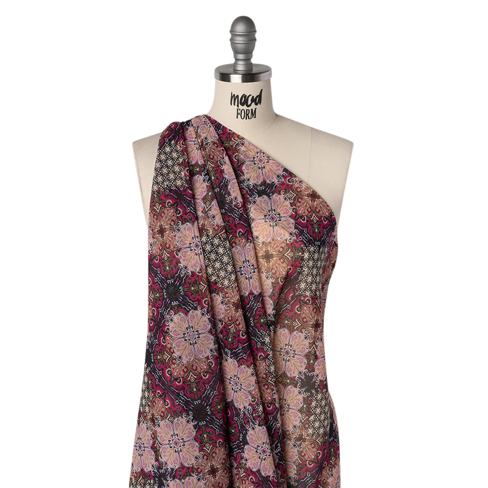 Polyester Chiffon Print - Pink, Bronze and Navy Floral Tiles - Designer Deadstock Drape