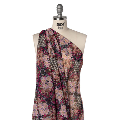 Polyester Chiffon Print - Pink, Bronze and Navy Floral Tiles - Designer Deadstock Drape