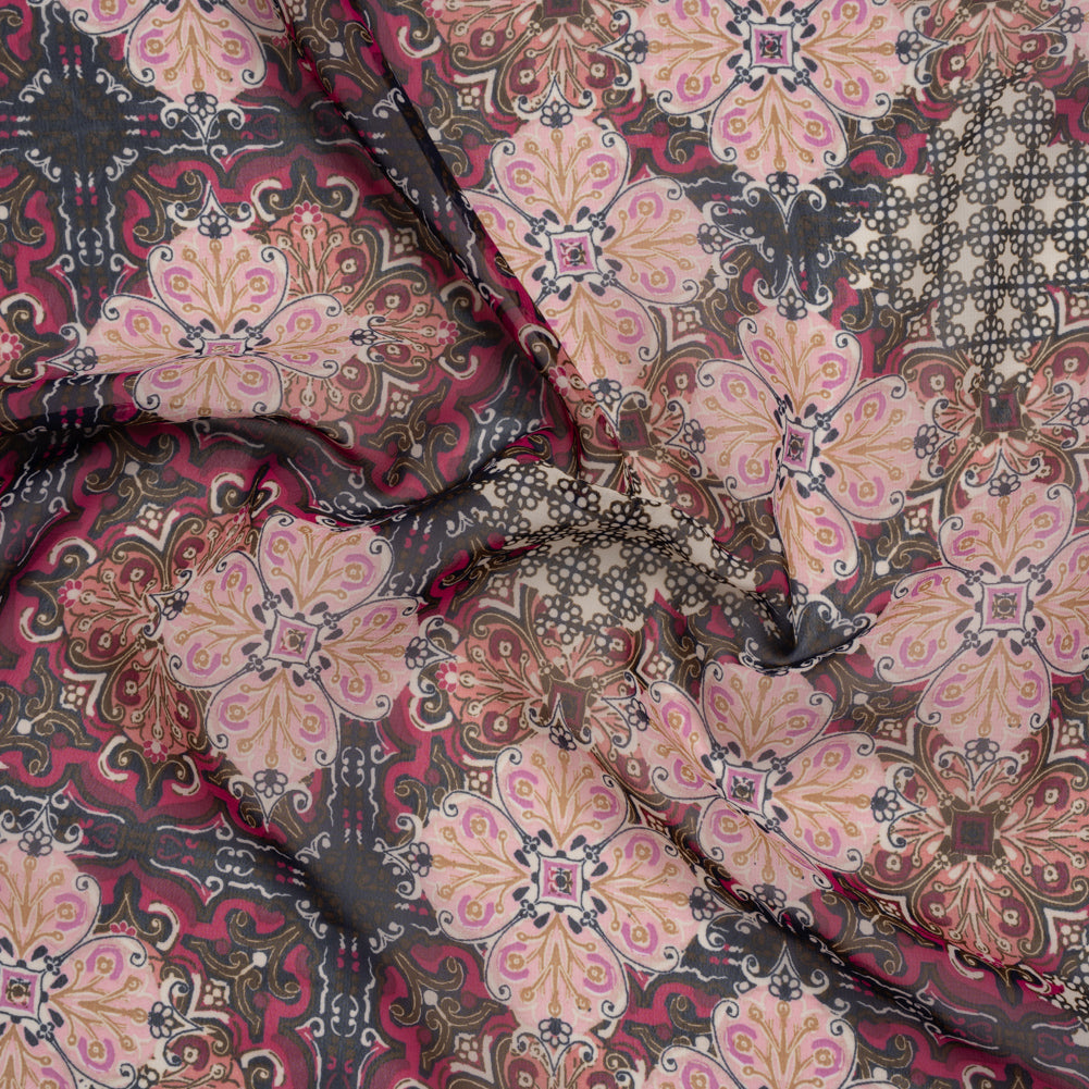 Polyester Chiffon Print - Pink, Bronze and Navy Floral Tiles - Designer Deadstock