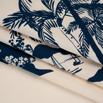Stretch Cotton Poplin Panel - Cream and Navy Tropical Scenery - Designer Deadstock