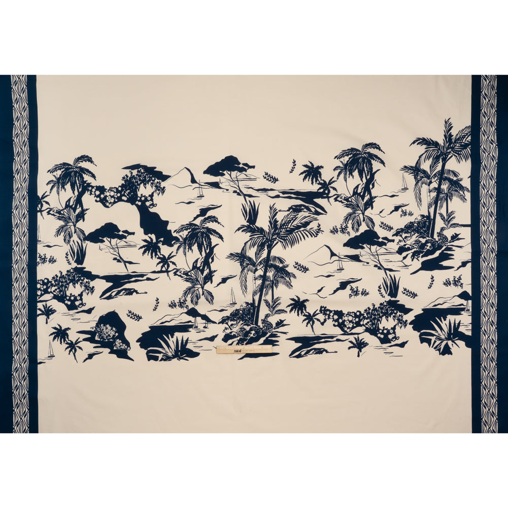 Stretch Cotton Poplin Panel - Cream and Navy Tropical Scenery - Designer Deadstock