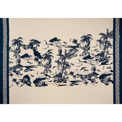 Stretch Cotton Poplin Panel - Cream and Navy Tropical Scenery - Designer Deadstock